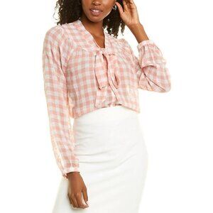Nanette Lepore Size Small Tie V-Neck Soft Gingham Peach Swiss Dot L/S Blouse